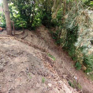 Das Hauptprojekt der nächsten Zeit stellt die Begehbarkeit der unteren Waldfläche dar. Provisorisch wird eine Treppe mit Geländer in den Hang gewerkelt, eine zweite soll folgen.